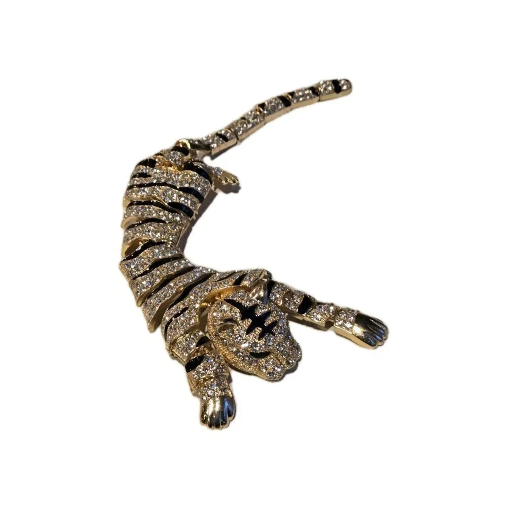 New Cheetah Shoulder Brooch Moving Rhinestone Gold Tone Black Green Eyes Jewelry